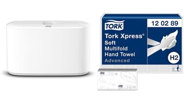 Tork Xpress Table Dispenser for Multifold Paper Towels 552200, Elevation Design - H2 Table Paper Towel Dispenser for Folded Towels for Single Sheet Dispensing, Compact Shape, White, 21.8 x 32.3 x 11.6 cm (White, Bundle with Paper Towels 21 x 180)