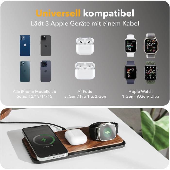 Woodcessories Multibase Pro: Бездротова зарядка 3-в-1 для iPhone, Apple Watch, AirPods з адаптером 45W - Walnut Wood