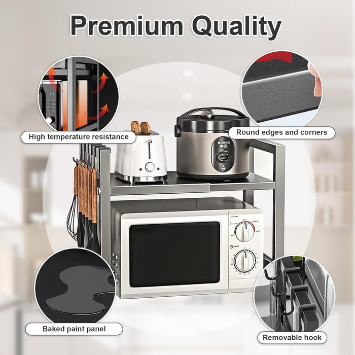 Настільний органайзер для мікрохвильової печі з 6 гачками, регульована висота та ширина, металевий, для кухні, спецій та кухонного приладдя