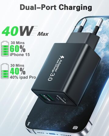 Мережевий адаптер USB C, 40W, 4 порти, швидка зарядка, універсальний зарядний пристрій для iPhone, iPad, Samsung та інших телефонів, білий/чорний (2 шт.)