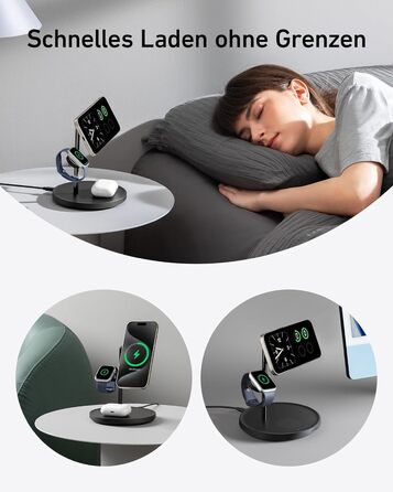 Anker MagGo 3-в-1 Бездротова Зарядка, 15W, MagSafe, Qi2, для iPhone 16/15/14/13, AirPods Pro, Apple Watch Ultra (з USB-C блоком живлення та кабелем), Чорний