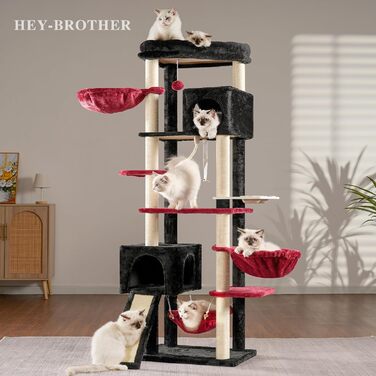 Комплекс для котів Hey-brother Kratzbaum 180см з 2 печерами, 2 котячими будиночками, гамаком, мискою для корму та сизалевим покриттям (червоно-чорний)
