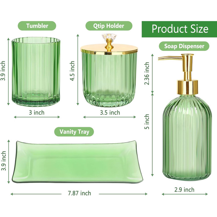 Haturi Bathroom Accessory Set, 4-Piece, Glass Bathroom Accessory Set, complete with lotion soap dispenser, toothbrush holder, apothecary jar, vanity tray, bathroom decor, gift for (Green)