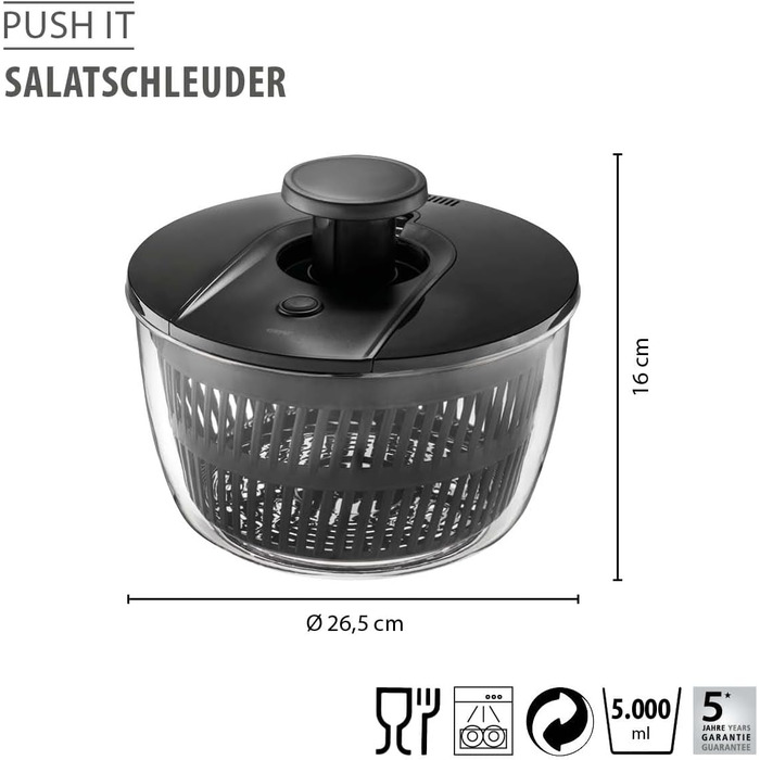 GEFU Салатоотжим - 5 л, з механізмом Push, вбудований виливний носик, кнопка зупинки, неслизький, придатний для миття в посудомийній машині (Чорний/Прозорий)