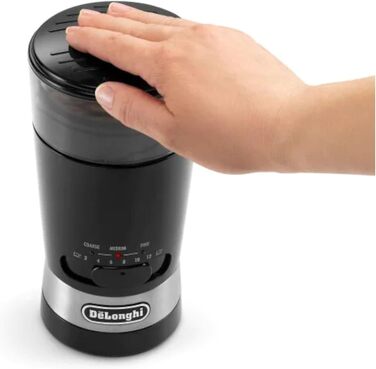 Кавомолка De'Longhi KG210 – електрична для цілих кавових зерен, спецій та горіхів, з нержавіючої сталі, 170 Вт, пластик, чорний колір