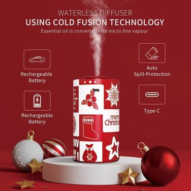 Дифузор для ефірних олій Cavir без води, портативний міні-ароматизатор повітря, USB-зарядка, 3 рівні туману, для дому, офісу, авто (Новорічний)