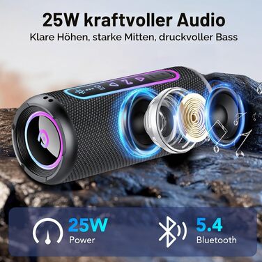 Портативна Bluetooth колонка 25W з підсвіткою, двопотоковим басом та захистом IPX7, TWS стерео, акумулятор на 24 години, чорна