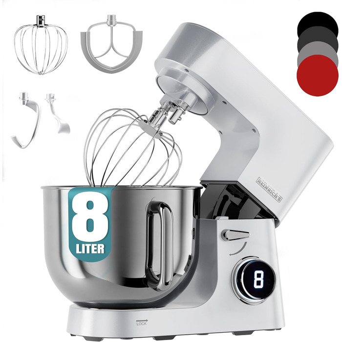 Кухонна машина Heinrichs з подвійним гаком для тіста, міксер, 2500W, 8L чаша з нержавіючої сталі, 8 швидкостей, тиха робота, колір 
