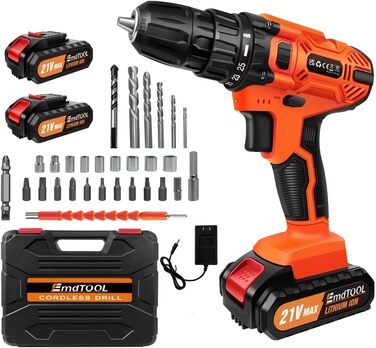 Акумуляторний шуруповерт-дрель 21V з набором аксесуарів для дому та саду (2 батареї, 45Nm, 25+1 ступнів, 2 швидкості)