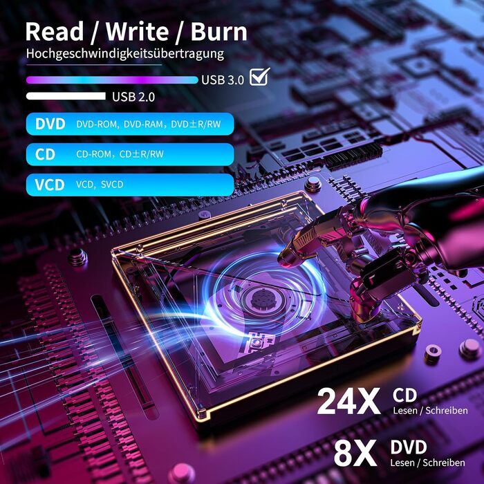 Зовнішній CD/DVD привід USB 3.0 та USB-C, оптичний накопичувач CD/DVD +/-RW ROM Brenner з RGB підсвіткою для ноутбука, ПК, MacBook, Windows та MacOS