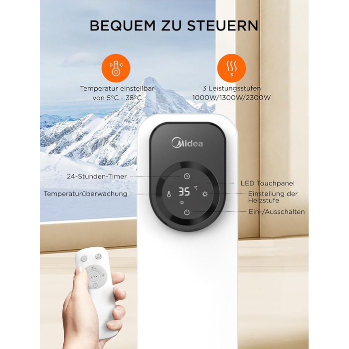 Масляний радіатор Midea NY2311-24UR, 2300 Вт, 11 секцій, електричний обігрівач з термостатом, LED-дисплеєм, дистанційним керуванням, захистом від перегріву, 4 режими роботи, тихий
