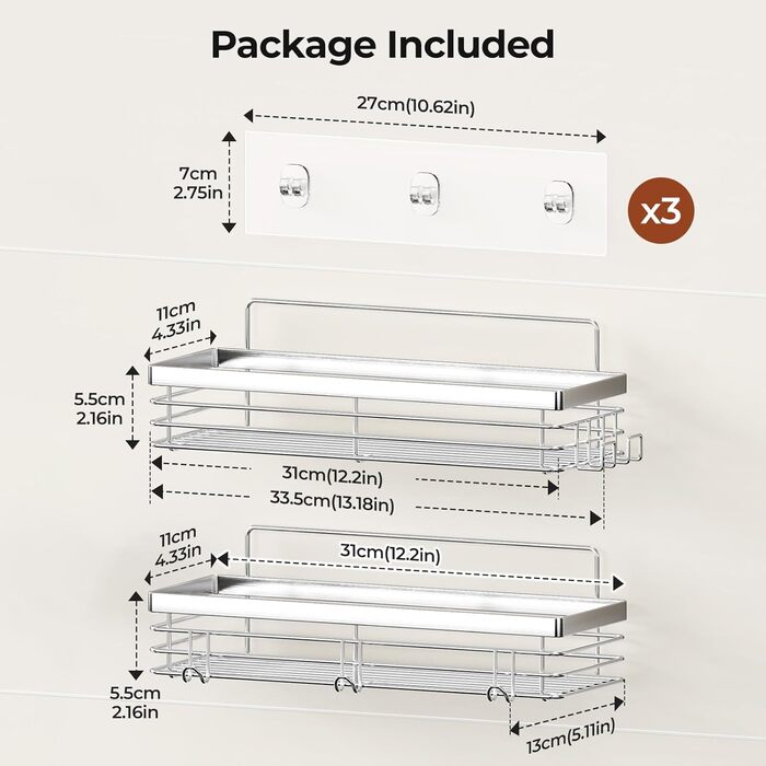 Полка для душу Orimade без свердління з 5 гачками, 2 шт. з нержавіючої сталі, срібло