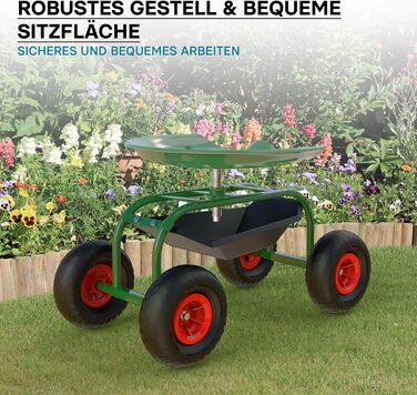 Wiltec Garden Wagon with Storage Area up to 150kg, Garden Chairs with Tires, Garden Trolley for Gardening, Workshop Wagon, Mobile Work Cart, Garden Seat, Mobile