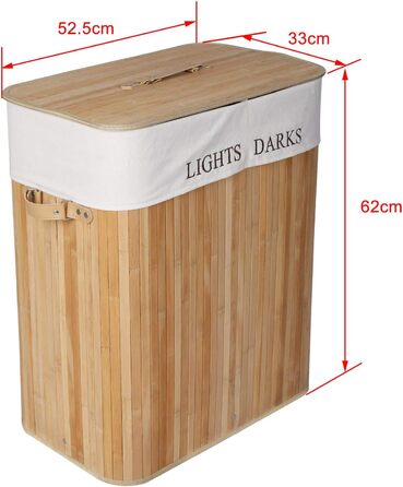 Wiltec Laundry Box 105 L Natural Laundry Basket with Lid made of Bamboo, Foldable Laundry Box with Linen Bag and 2 Compartments for Sorting Dirty Laundry