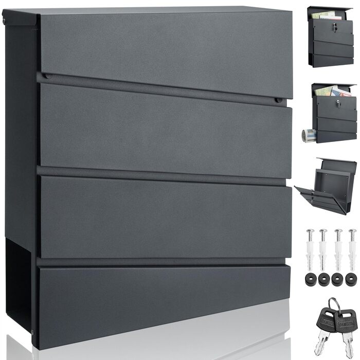 Поштовий ящик Monzana XXL з газетницею, оглядовим вікном, замком (2 ключі), сталь, антрацит. Легкий монтаж