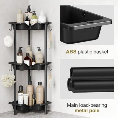 Orimade 4-Piece Shower Caddy Standing Stainless Steel, Corner Shower Shelf Freestanding with 4 Hooks, Plastic-Metal Combination Shower Baskets Floor Standing for Bathroom, 10 x 10 x 44.6 inches Black