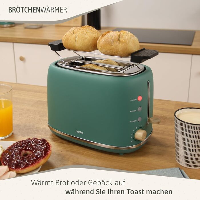 Тостер Nordic з широким слотом, 2-х місний, 6 рівнів підсмажування, функція підігріву та розморожування, зйомний піддон для крихт, північний дизайн, 870 Вт, зелений