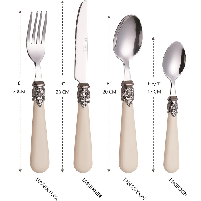 EXZACT Ivory Cream Flatware Set, 24 Pieces, Stainless Steel with Detailed Handle, Traditional, Elegant, Vintage Style/Antique (WF28-24CRM)