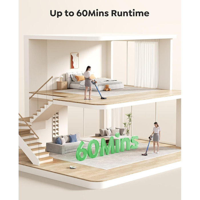 SunSare Бездротовий акумуляторний пилосос 550W/45000Pa/60хв, з базою для зарядки, легкий, тихий, для твердих поверхонь, килимів та шерсті тварин