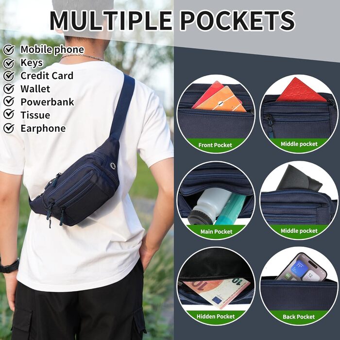 Поясна сумка на пояс, унісекс, темно-синя. Сумка через плече, для подорожей, прогулянок з собакою, чоловіча та жіноча. Довжина ремінця 30 см.