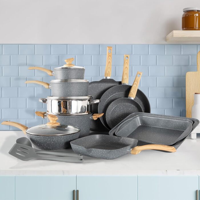 Kitchen Academy 17-Piece Induction Cookware Set with Glass Lids and Granite Coating, including Frying Pans and Pots (gray, 17 piece)