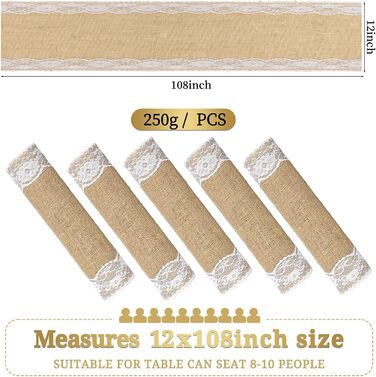 JIUERYY Natural Jute Table Runner Wedding Decoration - 30 * 275CM, 5 Pack
