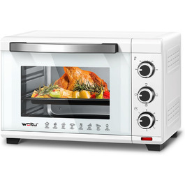 Міні-піч WOLTU 28 л, піч для піци 1600 Вт, 100-230°C, таймер 0-60 хв, 3 режими нагріву, з деко, решіткою, підсвічуванням крихт, підйомником решітки, для випікання, запікання, розморожування, підігріву (біла)