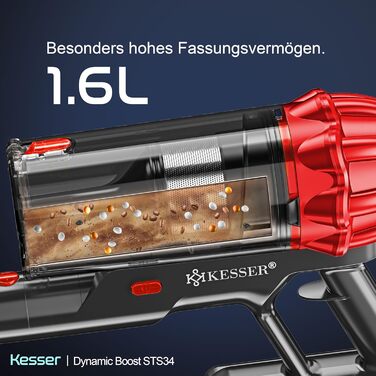 Бездротовий акумуляторний пилосос KESSER® з LED дисплеєм, 70 хв роботи, без мішка, для твердих поверхонь, килимів, шерсті тварин, чорний/червоний