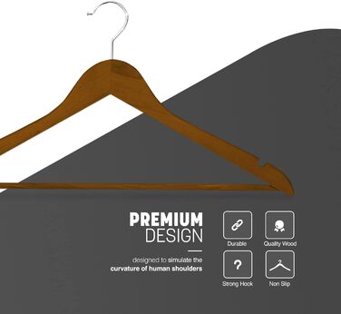 Плечики для одягу Keplin Starker з натурального дерева (30 шт.) з обертовим гачком 360° та перекладиною для штанів, з вирізами для плечей - міцні та економні, для пальто, жакети, костюми, сріблясті