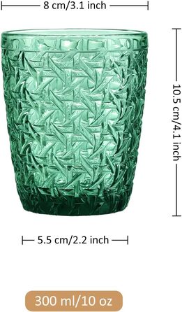 Joeyan 300ml Green Glass Set, 6-Piece, Vintage Colored Drinking Glasses with Embossed Design, Colorful Water Glasses Dishwasher Safe