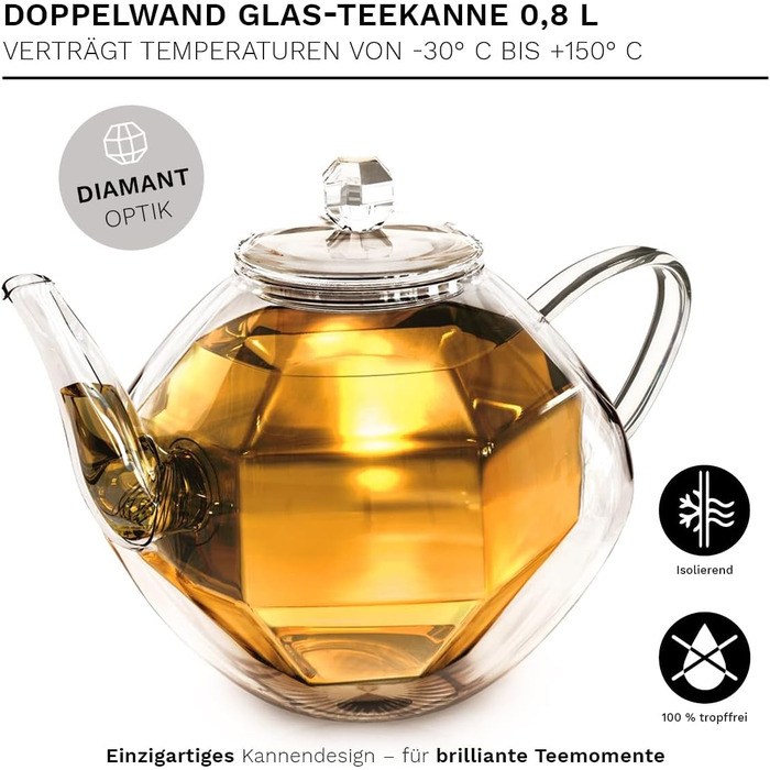 Скляна чайник Creano Diamond-Design з подвійними стінками та термоефектом, 800 мл (1 чайник + 3 пакетики чаю)