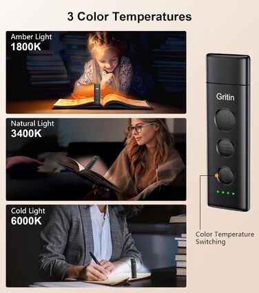 LED Кліпса для читання Gritin: USB-лампа, 3 кольори, регулювання яскравості, для книголюбів (біла/чорна)