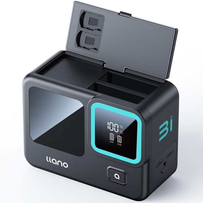 Зарядний пристрій 3-в-1 Llano з подвійним акумулятором для Insta360 Ace Pro 2 / Ace Pro/Ace Action, 30W PD та вбудованим акумулятором 12800mAh, підтримка 2 TF-карт, цифровий дисплей