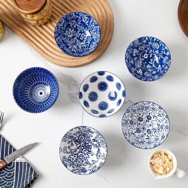 Набір супових тарілок з кераміки, 709 мл, глибокі миски для мюслі, порцеляна, 6 шт., вінтажний блакитний колір