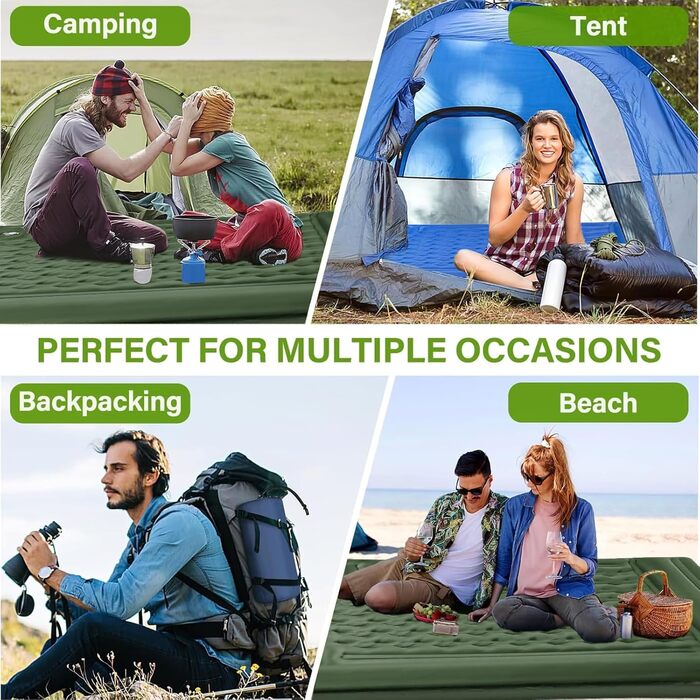 Airminti Self-Inflating Camping Mat - 12cm Thick, Lightweight Air Mattress with Foot Pump & Pillow - Outdoor Sleeping Pad for Camping, Trekking, Beach & Festival - Compact, Army Green (2 Person)