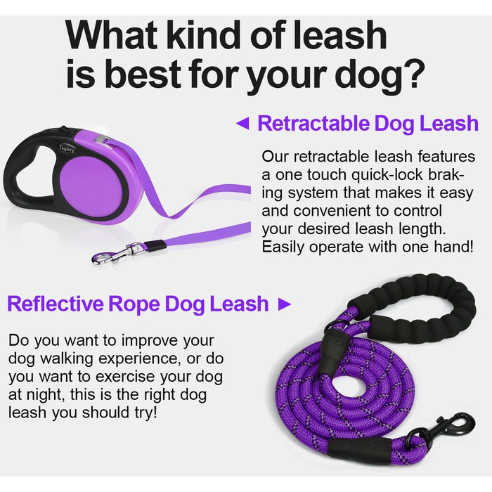 Висувна поводок для собак Taglory, 5м, для середніх та великих собак до 45кг, з надійною системою гальмування та антиковзним руків'ям (фіолетовий)