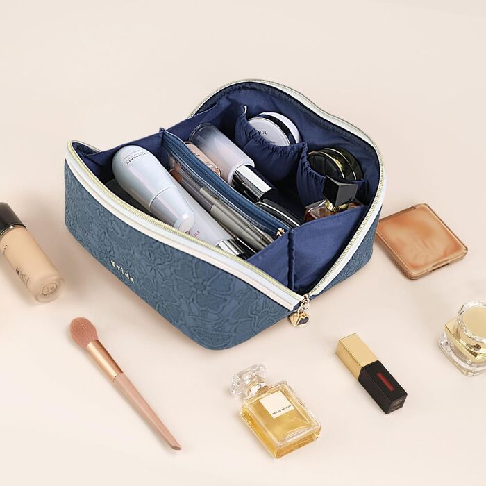 Косметичка для подорожей з великою місткістю, водонепроникна, з прозорими роздільниками, блакитна з квітковим принтом