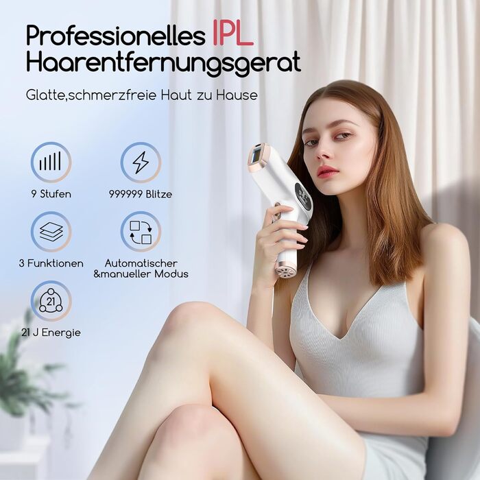 Пристрій для епіляції IPL, лазерна епіляція для чоловіків та жінок. 9 рівнів енергії, 999 999 імпульсів світла, 3 функції HR/SR/HR+. Для обличчя та тіла