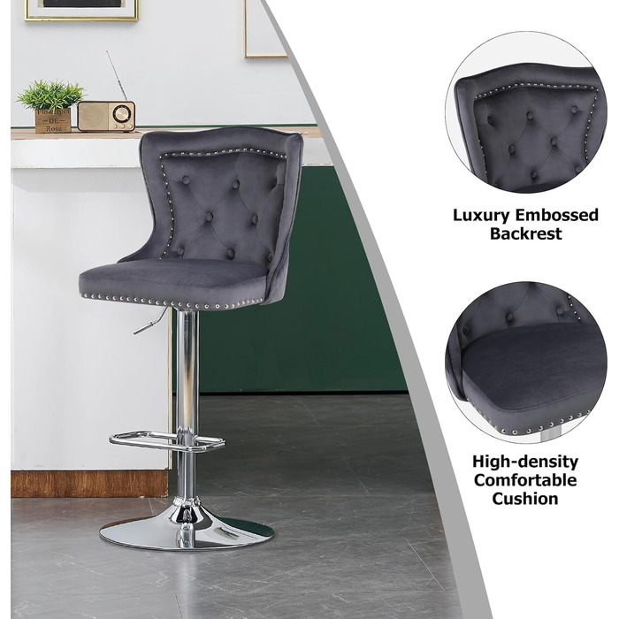KHISCHMO Set of 4 Velvet Bar Stools - Modern Kitchen Counter Stools with Lion Paw Pulls - Adjustable Height, 360° Swivel - Black (Gray)