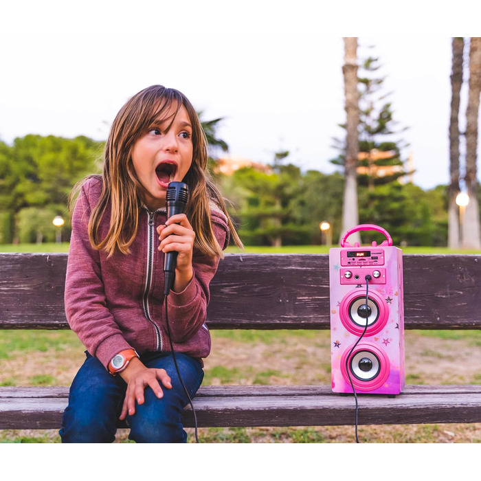 Караоке DYNASONIC з 2 мікрофонами, портативна машина для караоке, Bluetooth-динамік, USB та SD-картрідер, світлові ефекти, подарунок для дітей 5-13 років (Model 15 lights)