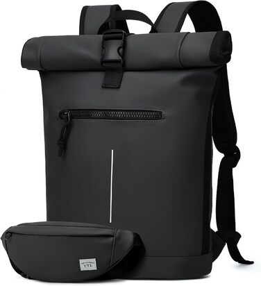 Чорний рюкзак YTL Rolltop з відділенням для ноутбука 17 дюймів. Ідеальний для подорожей, школи, університету, велопоїздок.