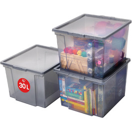 Iris Ohyama Versatile Storage Boxes, 30L, 6-Piece Set, Easy-Close Lid, Stackable, Plastic, For Closet, Shelves, Organization, Clothing, Bedding, Garage, USB-M (Gray, 30L / 3-Piece Set)