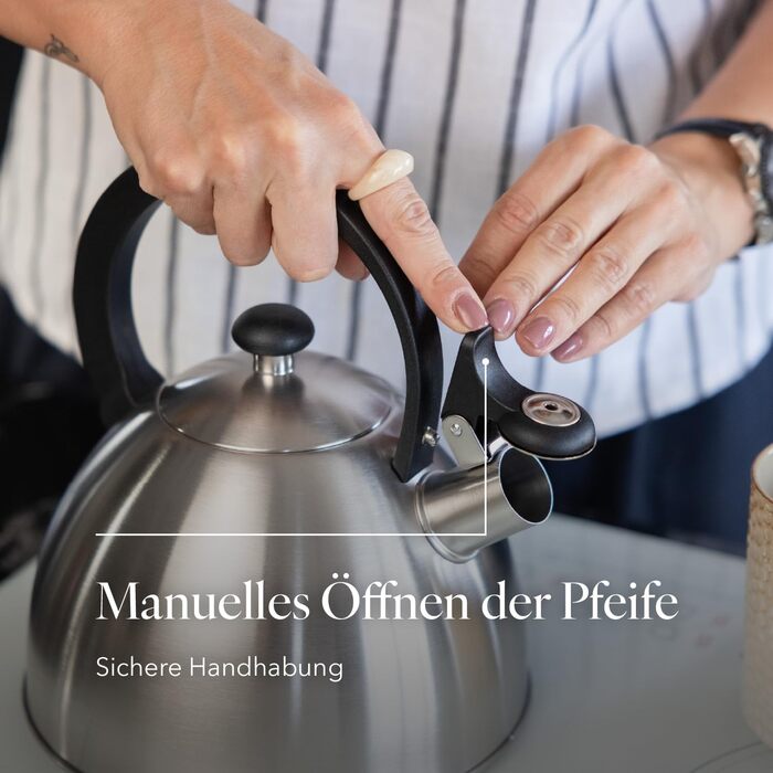 Чайник FLORINA Brillo з нержавіючої сталі (2,5 л) | Чайник-свисток для плити (індукційна, газова, електрична) | Сріблястий | Зручна ручка з бакеліту