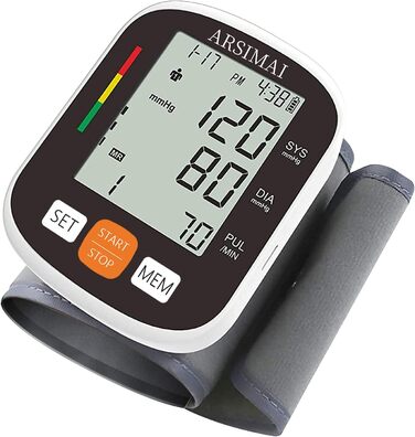 Автоматичний тонометр на зап'ясті: регульована манжета + 2 батарейки AAA та сумка для зберігання – детектування нерегулярного серцевого ритму, пам'ять на 99 вимірювань, великий LCD-дисплей, білий/синій (чорний)