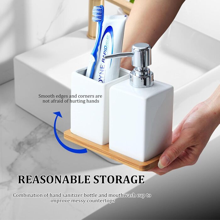 Bathroom Accessories, 3-in-1 Bathroom Set, Soap Dispenser, Ceramic Toothbrush Holder, and Bamboo Tray, Ceramic Material, White, for Bathroom, Sink, Bathtub, Reusable Shampoo