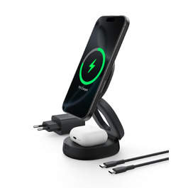 Бездротова зарядна станція 2-в-1 Belkin BoostCharge Qi2 15W MagSafe для iPhone 17, AirPods, Pixel, з блоком живлення 30W, чорна