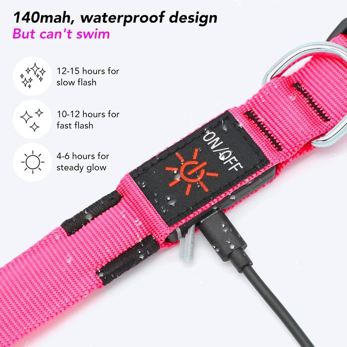 LED-нашийник для собак, перезаряджається через USB, водонепроникний, яскравий, регульований, для середніх та великих собак (зелений, рожевий)