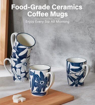 ONEMORE Coffee Mug Set of 4, 355 ml, Porcelain Coffee Cup with Handles, Blue Ceramic Mug for Latte, Cappuccino, Tea, Hot Chocolate, Microwave Safe, Dishwasher Safe, Scratch-Resistant