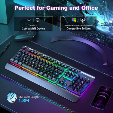 TECKNET RGB ігрова клавіатура для ПК, мембранна, 105 клавіш, повнорозмірна металева панель, підставка для зап'ястя, 15 зон RGB підсвічування, 25 антиблінгувальних клавіш, QWERTY (американська)