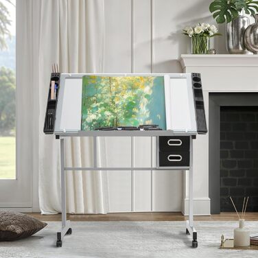 Adjustable Art Desk with Storage - Tiltable Drafting Table with Wheels - Multi-Purpose Craft Station